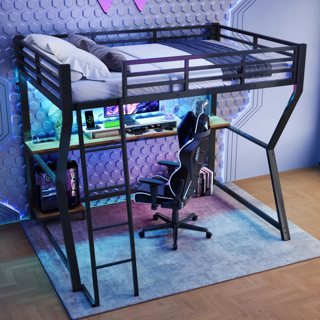 Letto a castello nero in metallo con funzione led e scrivania 90x200 cm