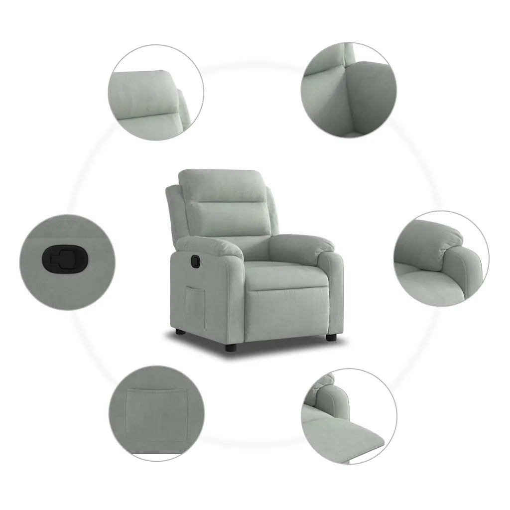 Divano Sedia-Poltrona Reclinabile Grigio Chiaro in Velluto 628996