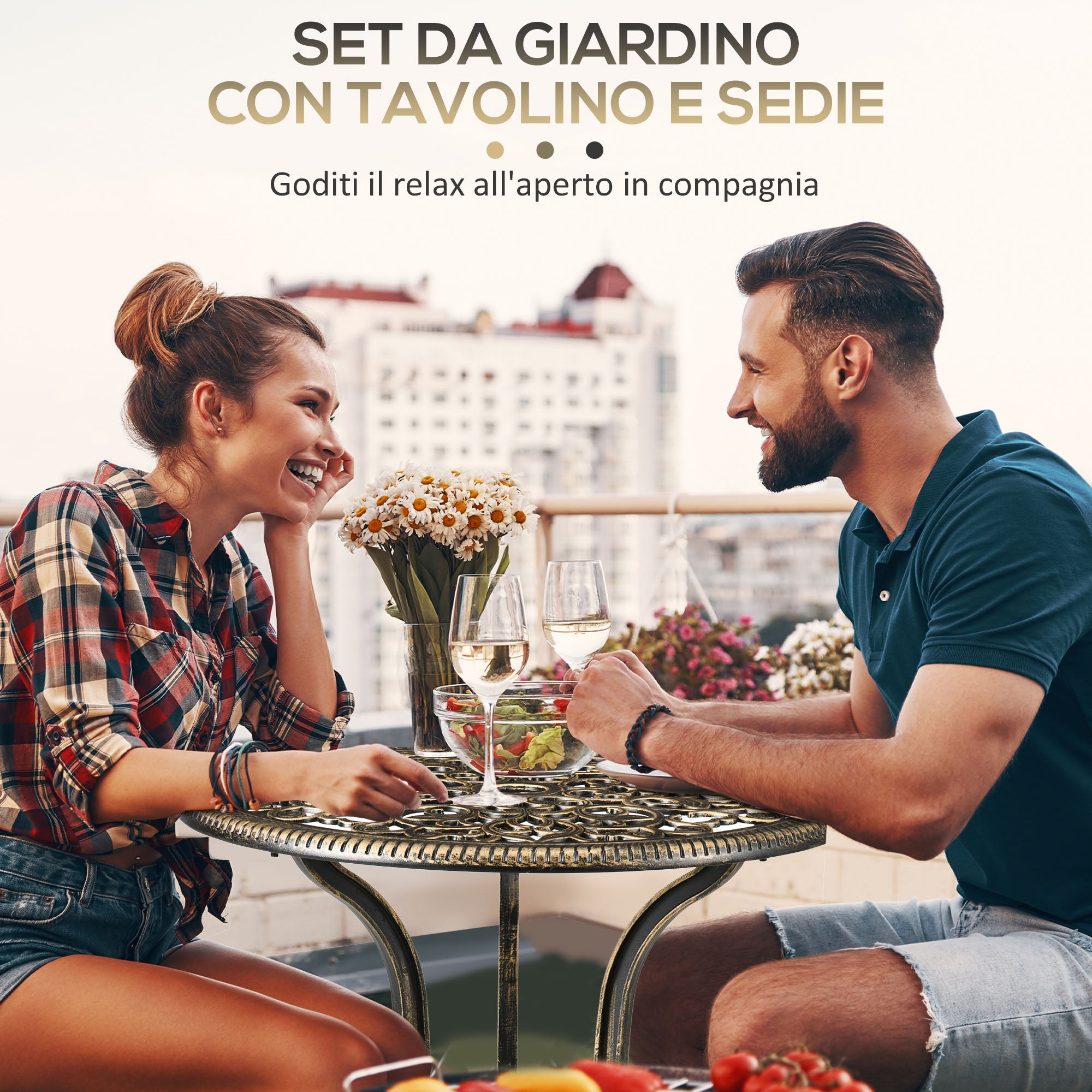 Set 3 Pezzi da Esterno con 2 Sedie da Giardino e Tavolino Rotondo con Foro per Ombrellone in Alluminio Bronzo