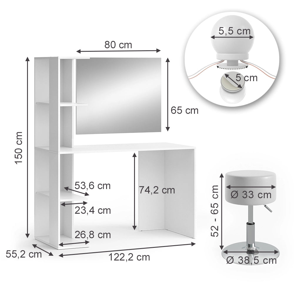 Vicco Tavolo da toilette Bianco 122.2 cm con illuminazione e sgabello