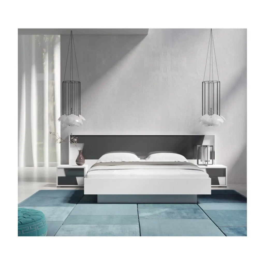 Letto FULMO 160 cm con contenitore - Colore bianco e finitura grigio cemento - 171 x 92 x 201 cm