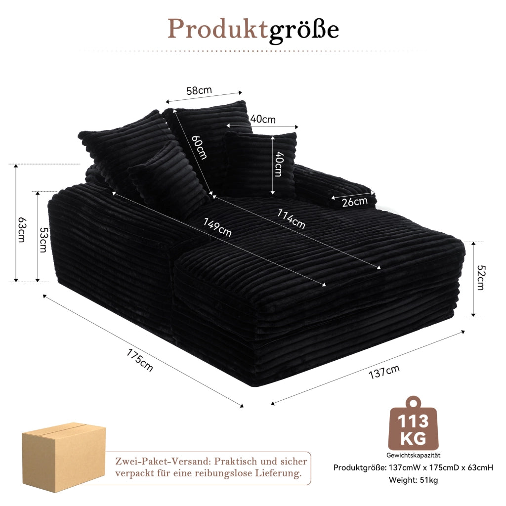 CHAISE LONGUE 175x137x63 cm in velluto a coste nero, 4 cuscini rimovibili