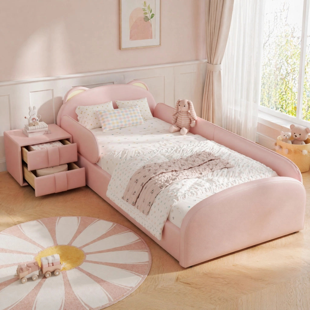 Letto singolo imbottito per bambini rosa 90x200 cm con comodino