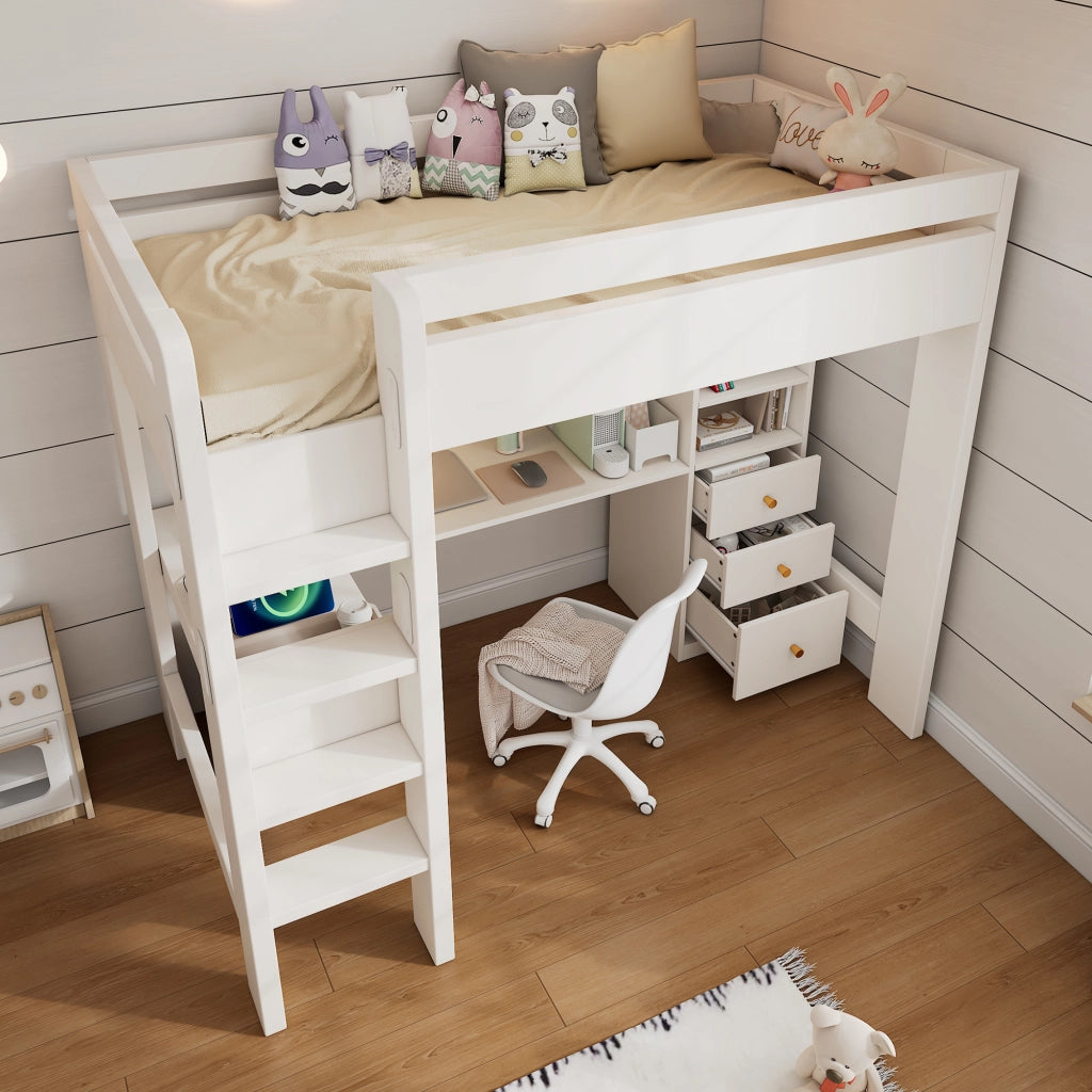 Letto a soppalco Letto Singolo con Scrivania a L; 3 Ripiani; 3 Cassetti e USB e Tipo C; 90 x 200 cm; senza Materasso