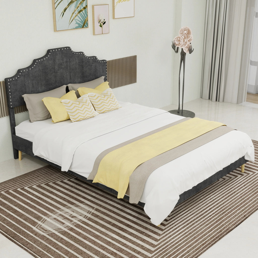 Letto Matrimoniale 140x200 cm; Letto Contenitore; Testiera Geometrica e in Tessuto Grigio