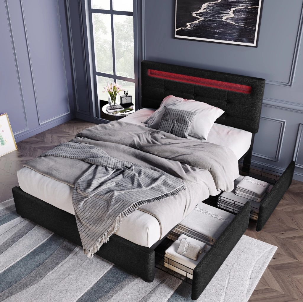 Letto singolo 90x200 cm con LED, 2 cassetti e testiera regolabile