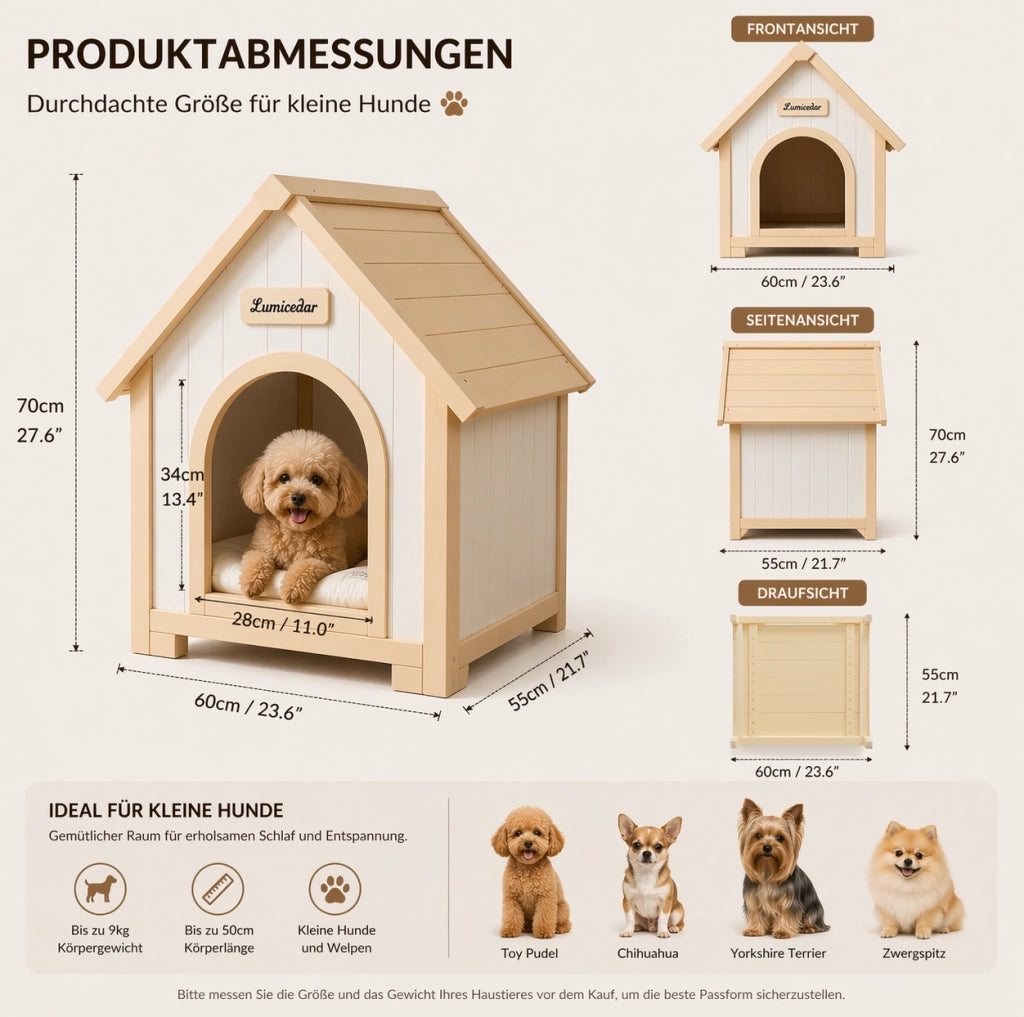 Casetta per animali da interno in legno massello FSC; design A-Frame; crema e bianco