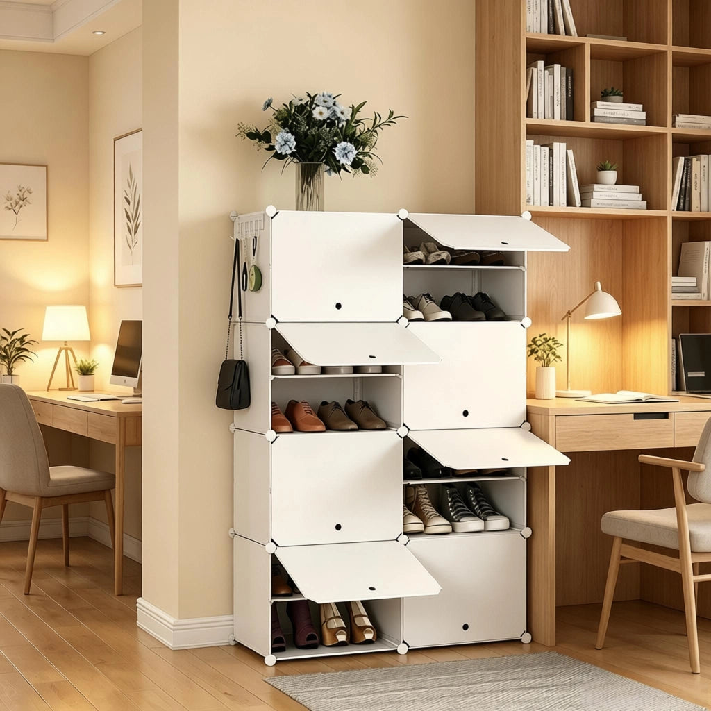 Scaffale portascarpe modulare DIY con 8 scomparti, struttura in ABS, metallo e PP, colore bianco