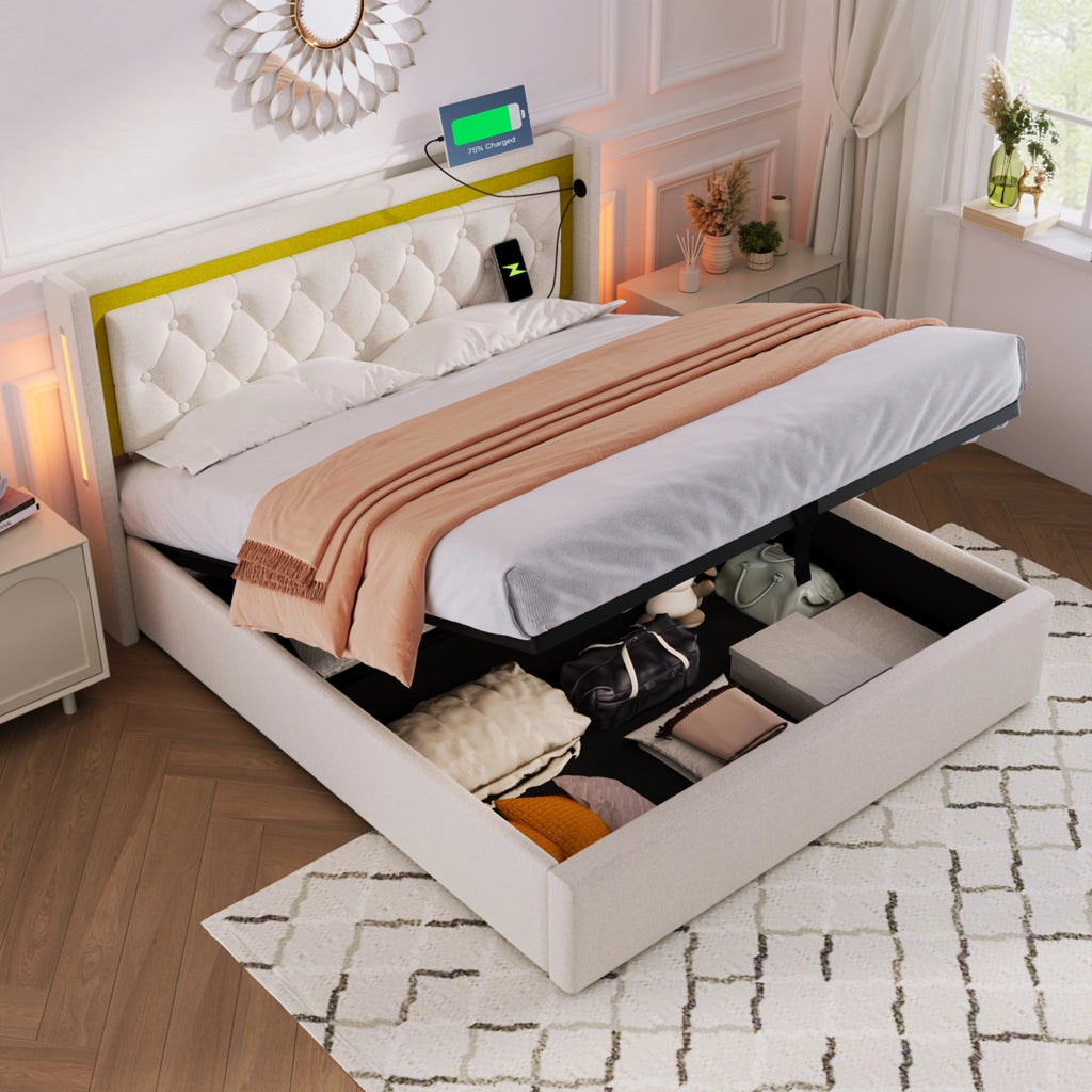 LETTO imbottito 140x200 cm Beige con LED, USB+Type C e materasso incluso