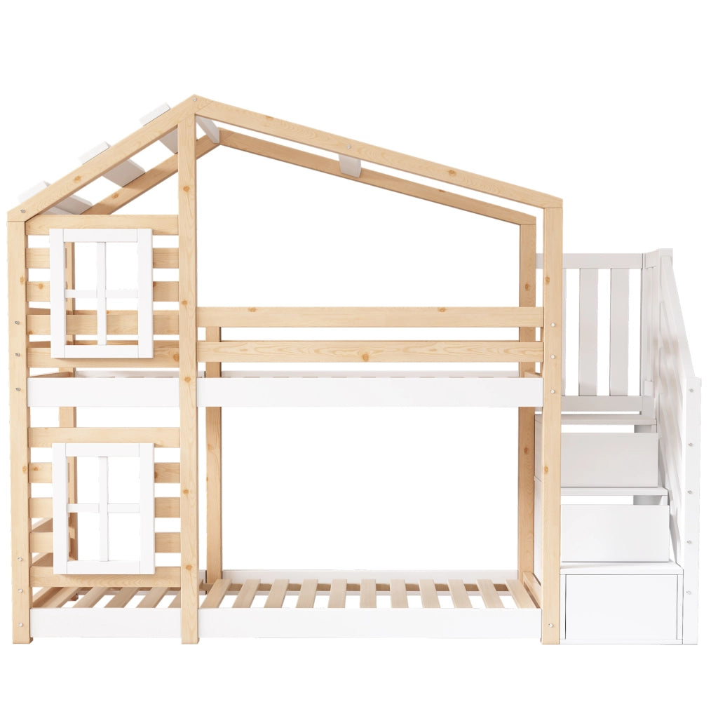 Letto a castello 90x200 cm con contenitore; casetta sull'albero; legno e MDF naturale e bianco