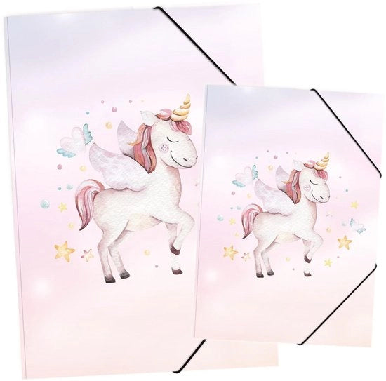 Set di cartelle di disegno DIN A3 e cartella DIN A4 con motivo - cartella elastica - per bambini, adolescenti, studenti, ragazze, ragazzi (set A3 e A4 motivo unicorno)