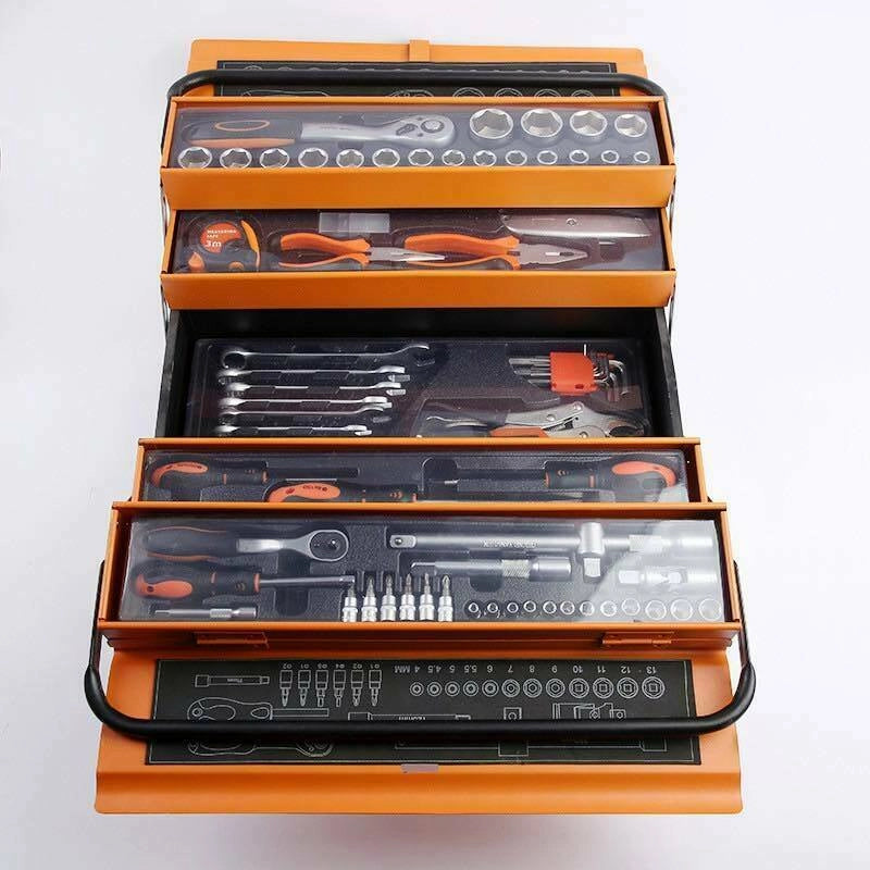 SET CASSETTA DA TRASPORTO ATTREZZI CHIAVI BUSSOLE CACCIAVITI PINZE PUNTE 85 PZ