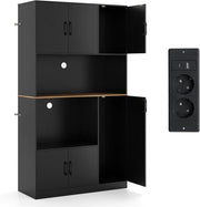 Credenza Alta da Cucina con Stazione di Ricarica, Armadio a Buffet con Ante e Piano di Lavoro, Mobile Dispensa in Legno, per Sala da Pranzo, Soggiorno, Bagno, 100 x 40 x 180 cm (Nero)