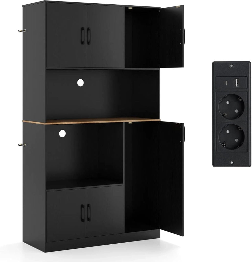 Credenza Alta da Cucina con Stazione di Ricarica, Armadio a Buffet con Ante e Piano di Lavoro, Mobile Dispensa in Legno, per Sala da Pranzo, Soggiorno, Bagno, 100 x 40 x 180 cm (Nero)