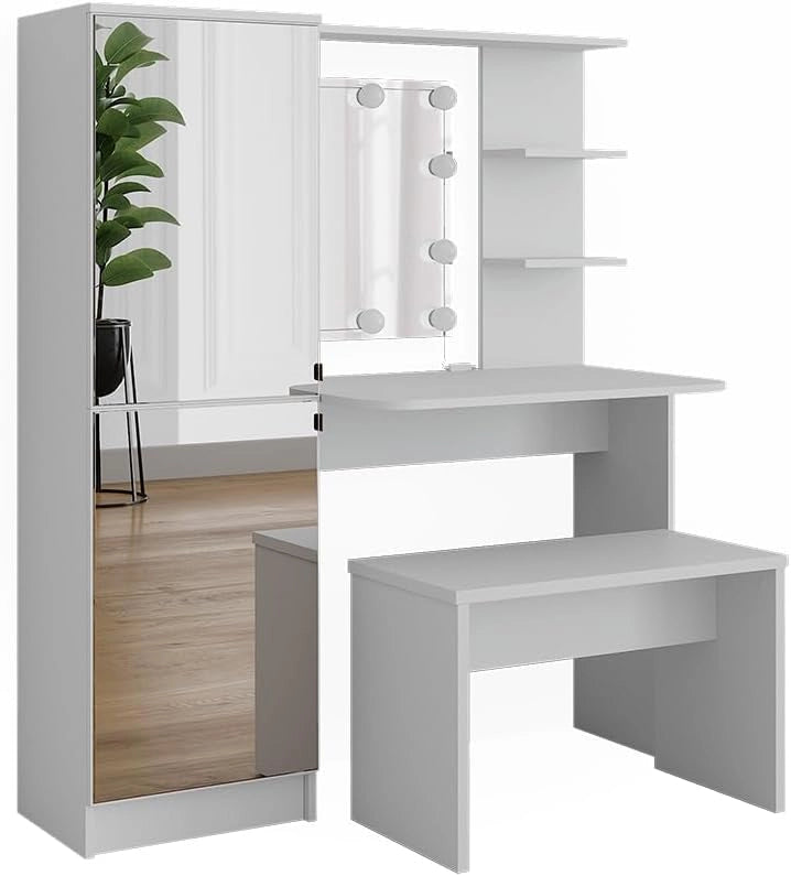 Vicco Tavolo da toilette Jasmin, Bianco, 123 cm con illuminazione a LED e panca