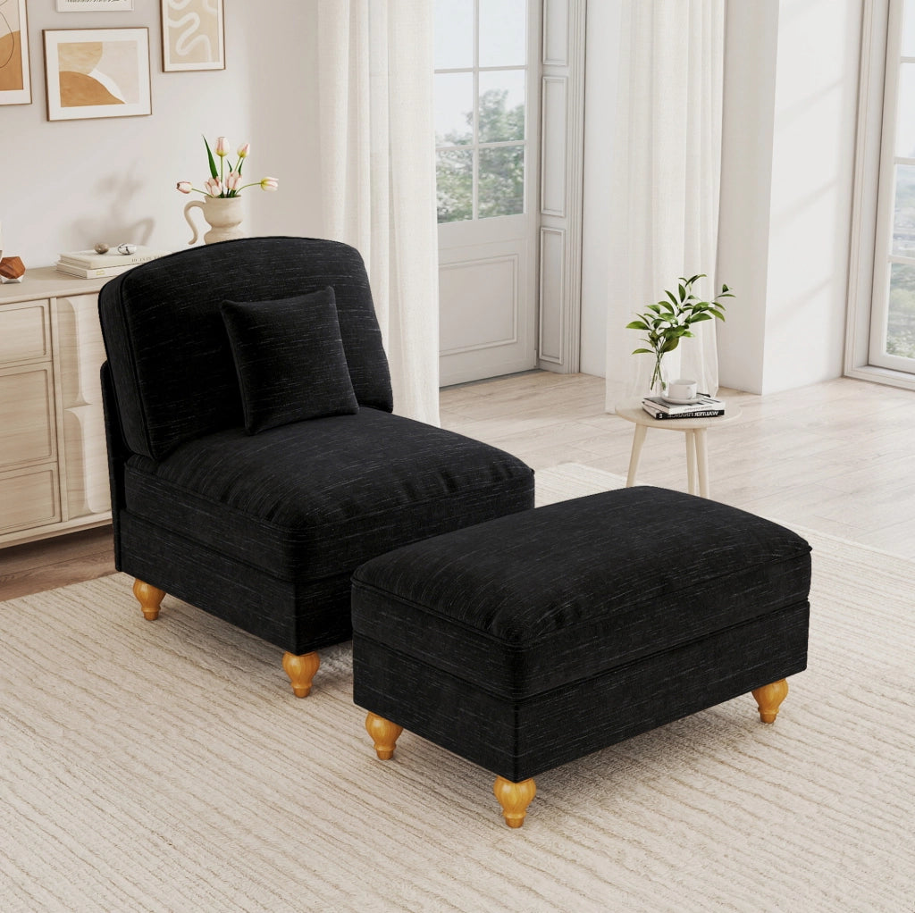 Poltrona lounge in chenille con pouf; balza removibile e cuscino mobile; nero