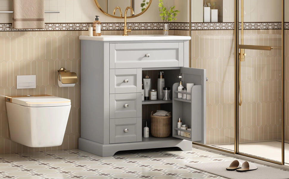 Mobile lavabo da bagno a pavimento 76x46x87 cm grigio con lavabo in ceramica, 2 cassetti, ripiano regolabile e chiusura ammortizzata
