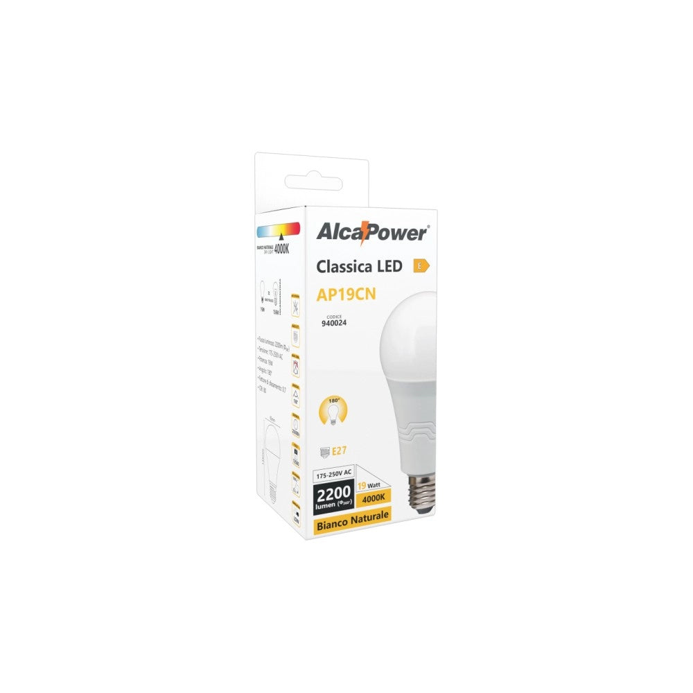 Alca power a65 19w 175-250v 2200lm 4000k e27 lampada classica a led