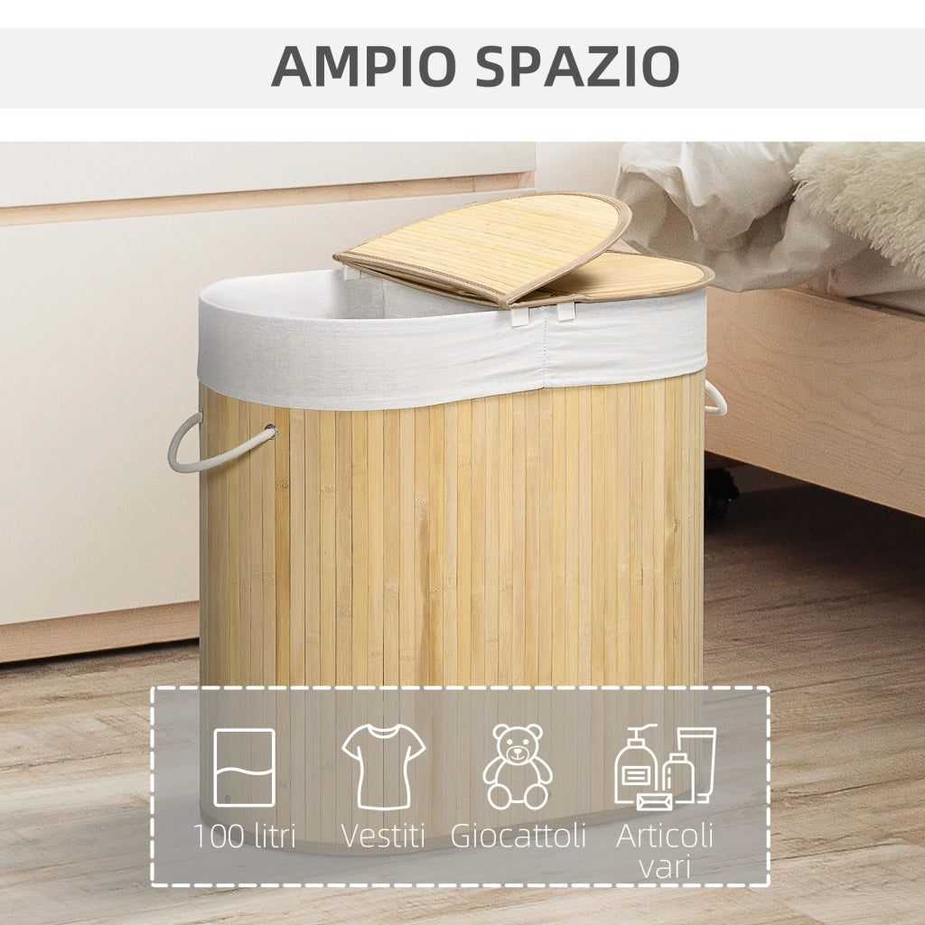Cesto Portabiancheria a 2 Sezioni, 2 Coperchi e Capacit¨¤ 100L con Sacca Interna Removibile, 62.5x37x60.5 cm