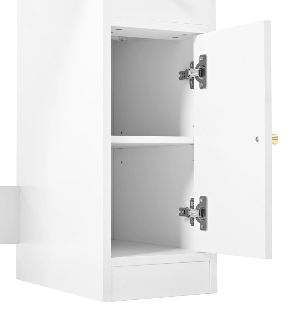 Toeletta bianca con specchio LED, prese, 6 cassetti e 4 ante
