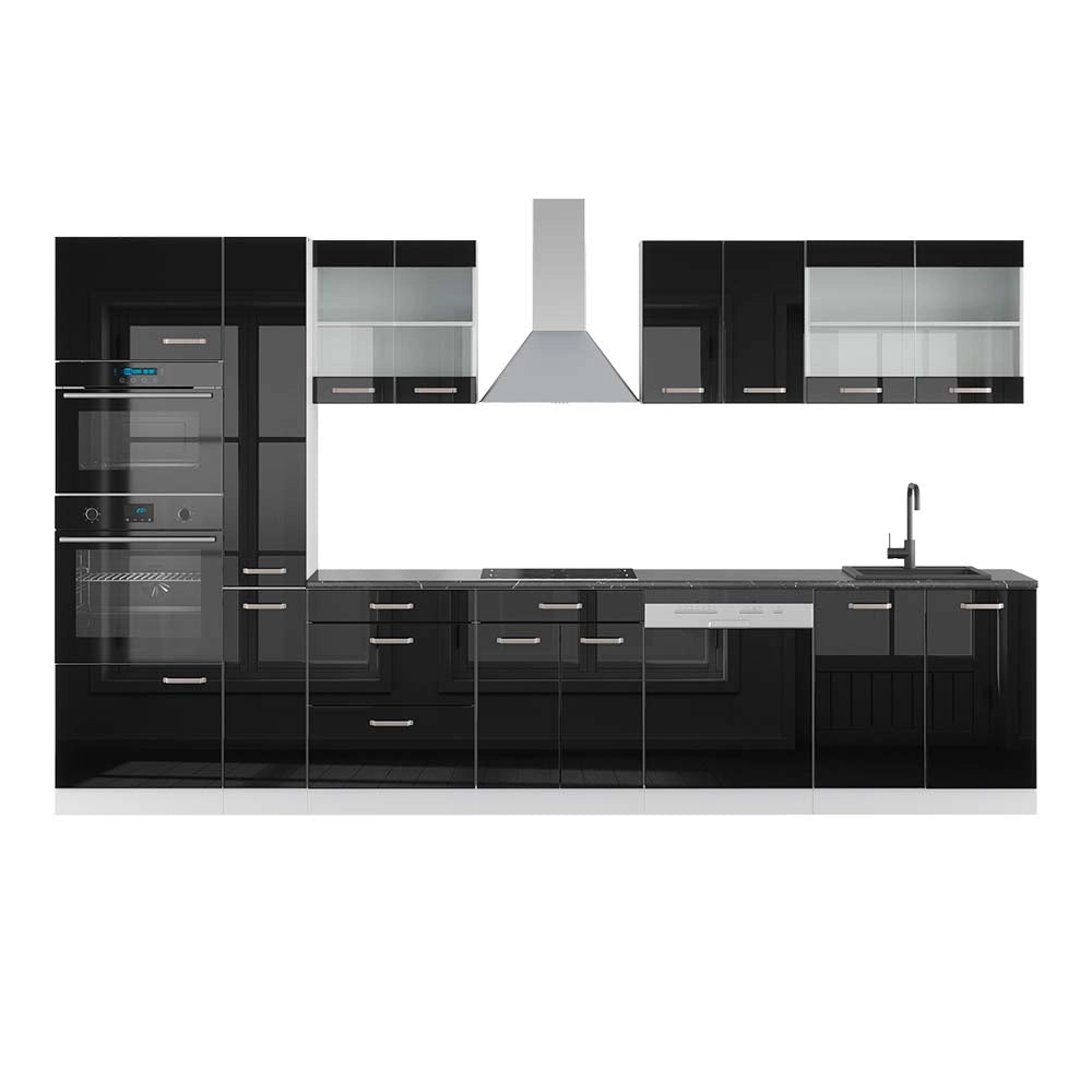 Vicco Cucina componibile Nero lucido/bianco 350 cm con armadio alto, PL Antracite