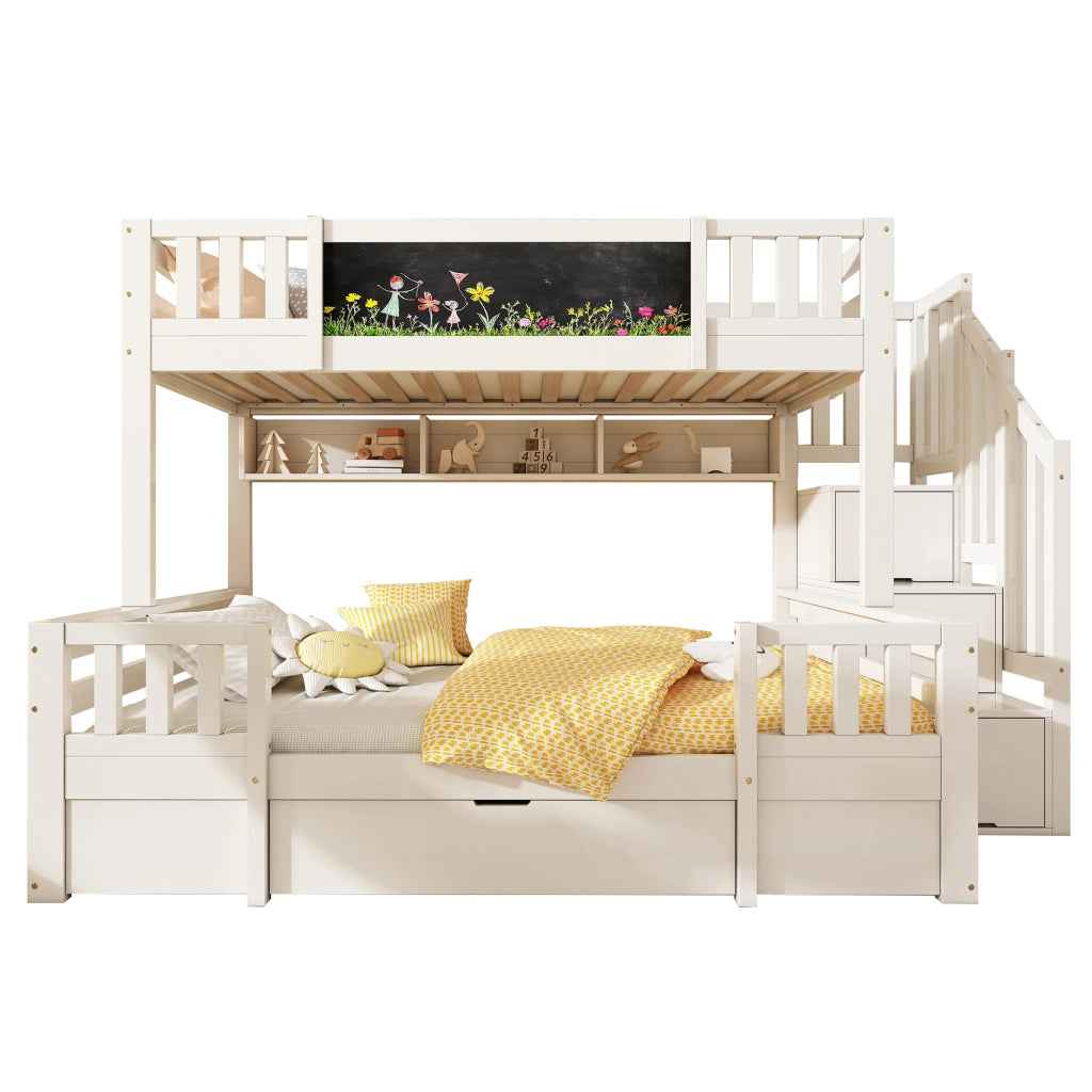 Letto a castello 90x200 e 140x200 cm con lavagna e contenitore in legno e metallo bianco