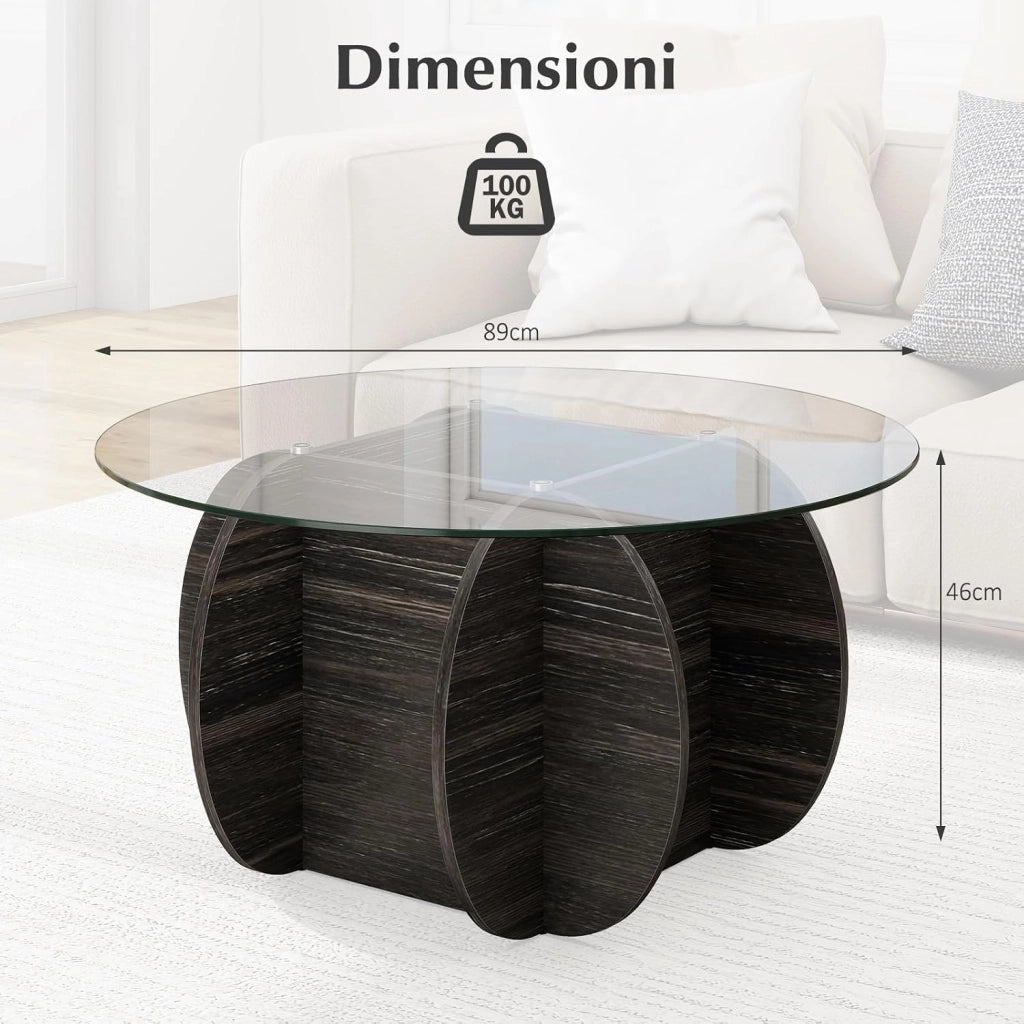 Tavolino da Salotto Rotondo con Piano in Vetro Temperato e Base in Legno Massello, Tavolino da Caffè Moderno con Scomparto Portaoggetti per Soggiorno, Studio e Ufficio, 89 x 89 x 46 cm
