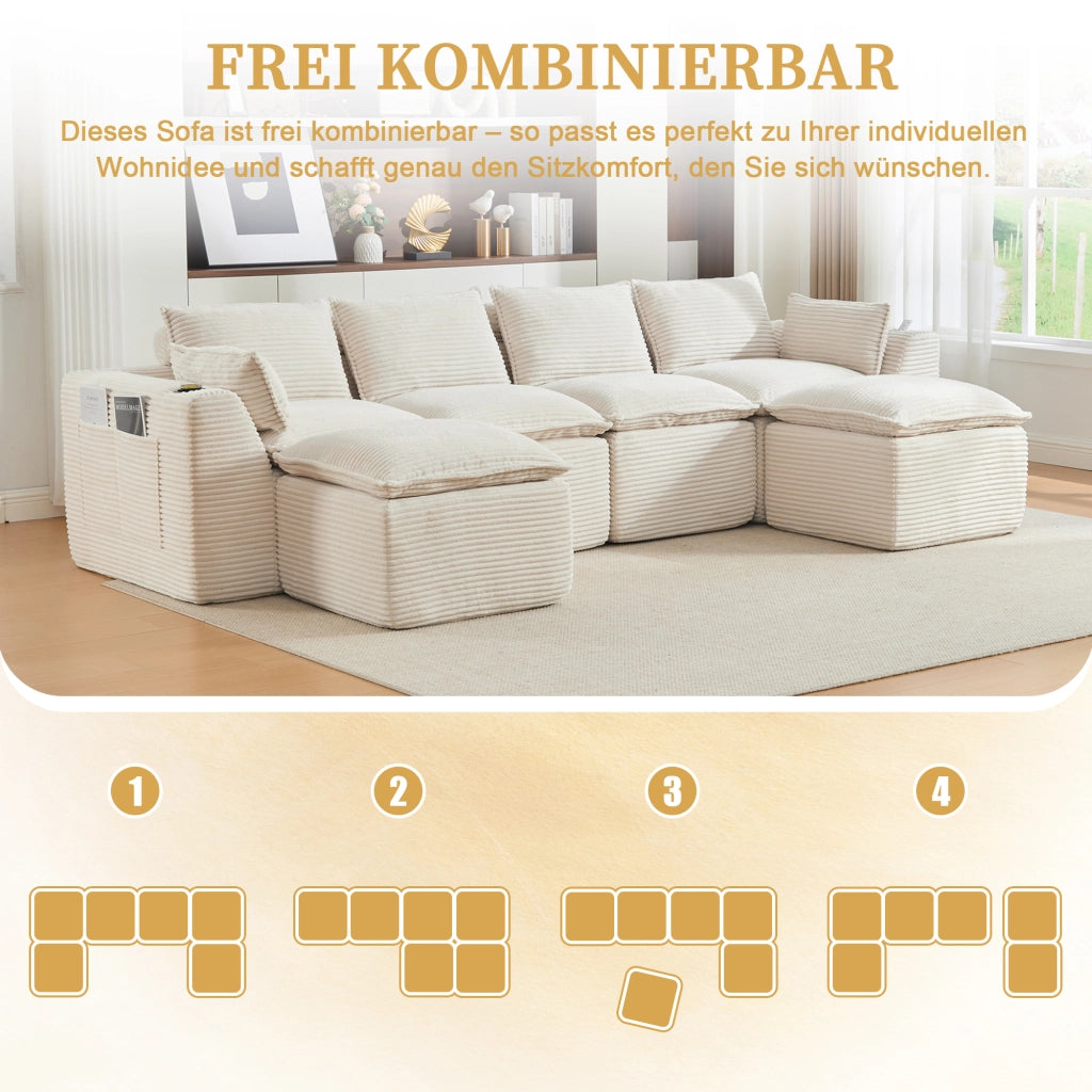 Divano modulare 4 posti - con tasche laterali e cuscini - in velluto a coste beige