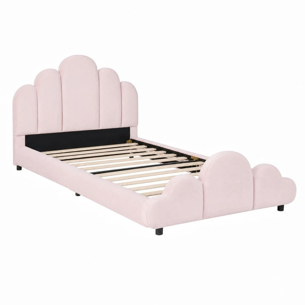 Letto singolo imbottito 90x200 cm in velluto rosa con testiera arrotondata e rete inclusa