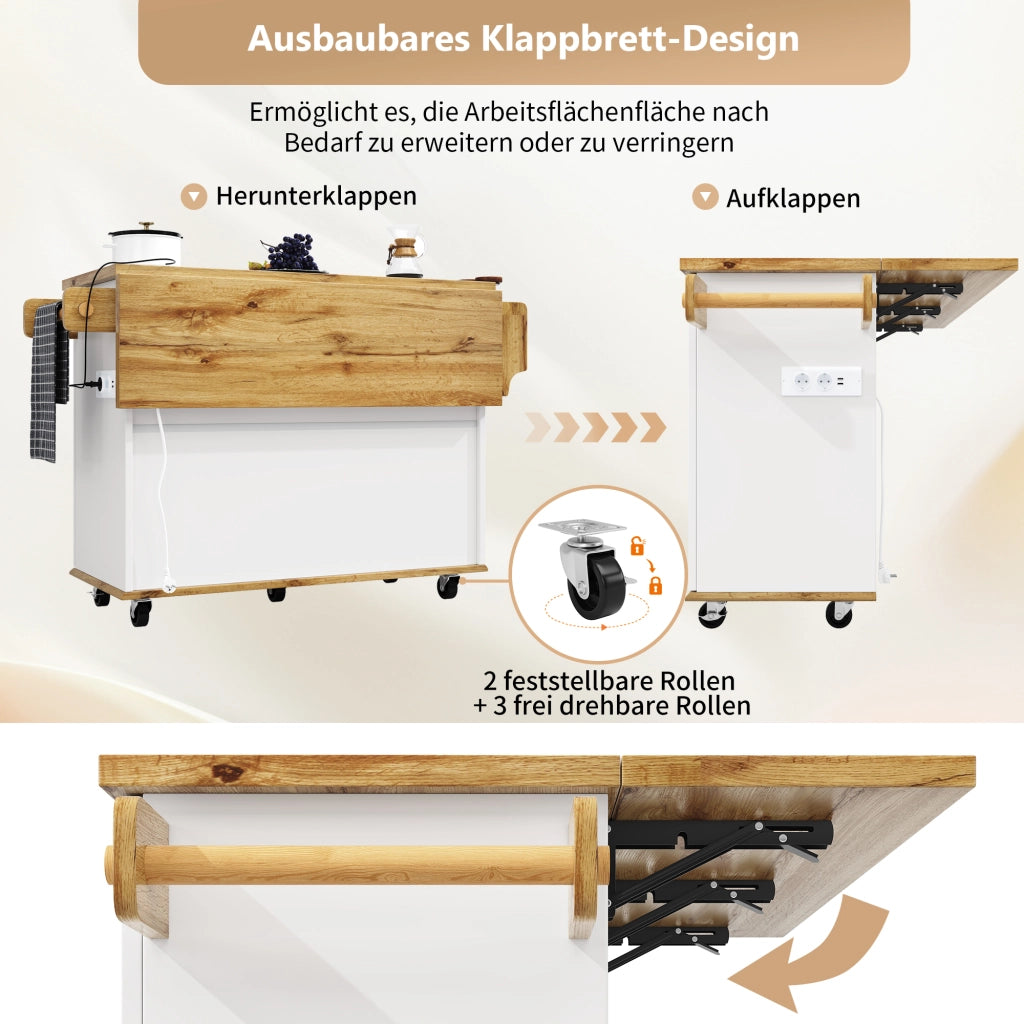 CARRELLO DA CUCINA 134x46/74x88 cm Bianco MDF/Metallo con prese USB
