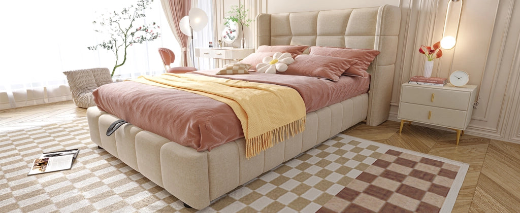 Letto per bambini 90 × 200 cm con contenitore sollevabile, testiera imbottita, senza materasso, beige
