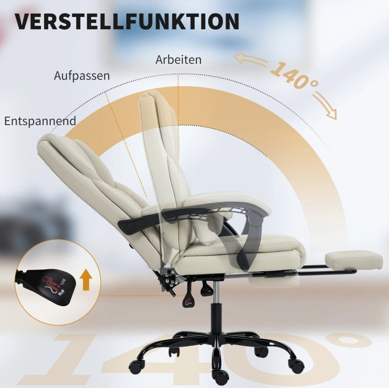 Sedia da ufficio beige in ecopelle resistente, con poggiapiedi regolabile e altezza adattabile