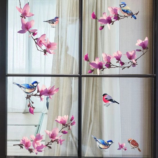 Decorazione per finestre con fiori magnolia a self-adesivo in viola I Decorazioni per finestre, decorazioni per finestre fiori piante uccelli, per bambini, per camera da letto, per cucina, per bagno.