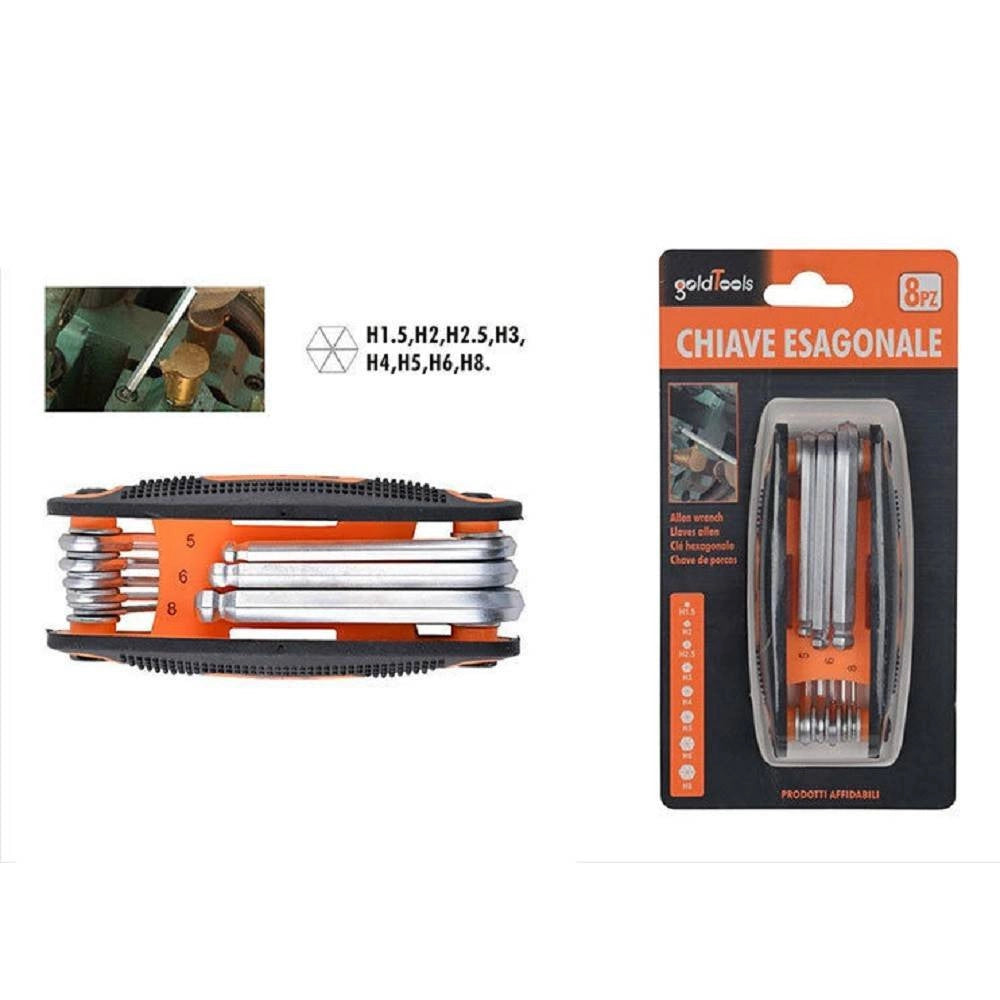 Trade Shop - Set Chiave Esagonale Ball End 8 Chiavi Fai Da Te Ferramenta Chiavini Pieghevoli -