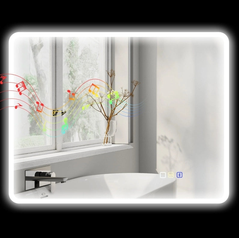 Specchio da bagno LED 70x90 cm con Bluetooth, touch dimmer, 3 tonalità luce, antiappannamento, argento