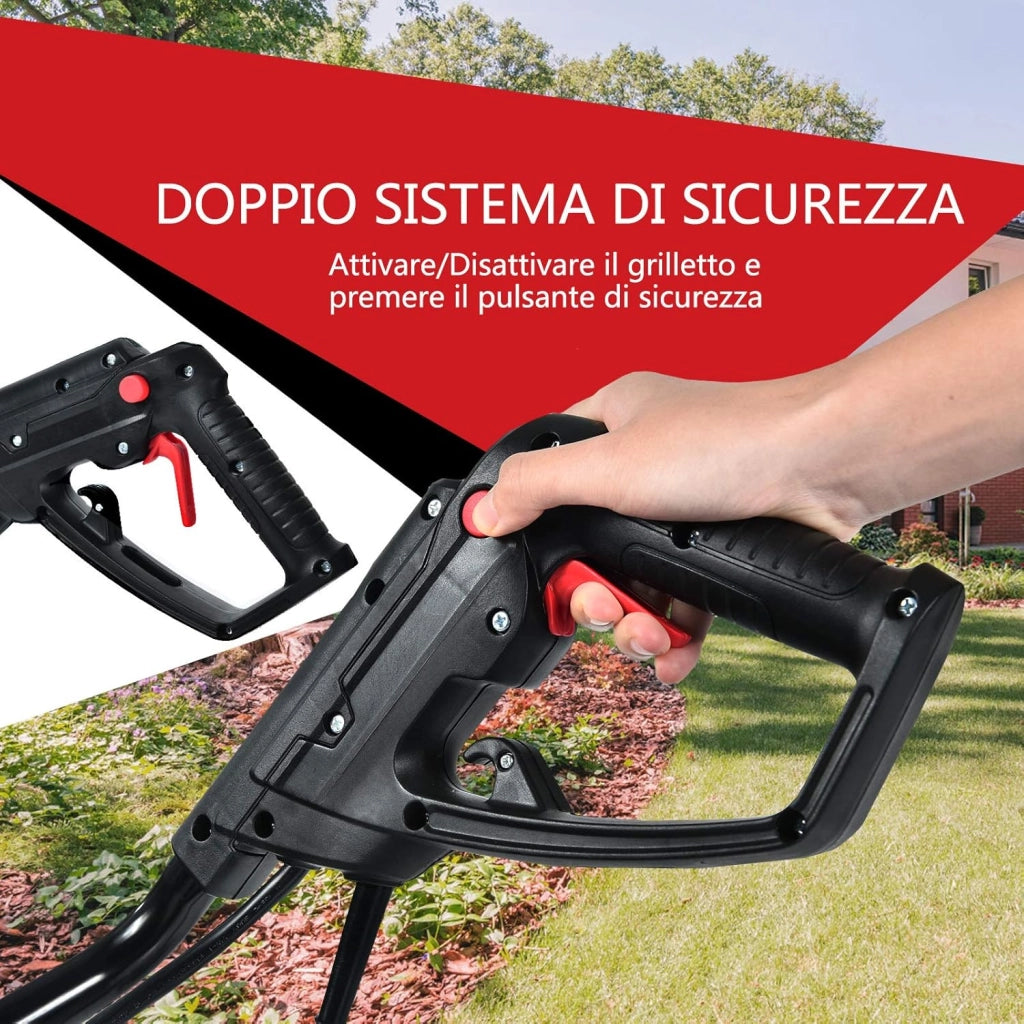 Motozappa Elettrica 1200W/1500W, Zappatrice Elettrica con Maniglia Pieghevole, Ruote Regolabili, 4/6 Lame, Velocità 365/400 PRM, Profondità 22 cm, Larghezza 35/43 cm (Rosso, 1500 W)