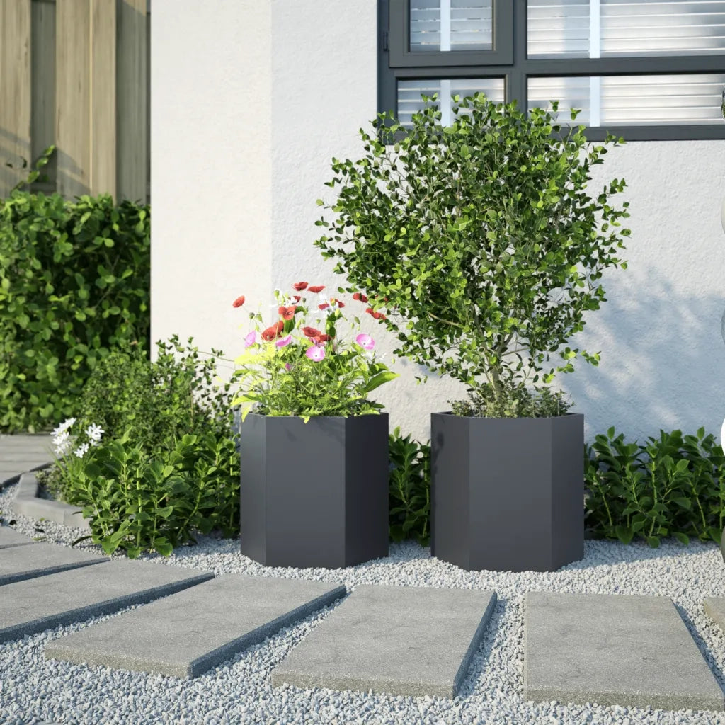 2 pz Fioriere | Cassetta per fiori | Vaso da Giardino Antracite Esagono 46x40x45 cm Acciaio