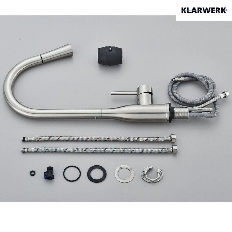 JANA | Rubinetto da cucina estensibile Premium in acciaio inox argento spazzolato | Rubinetto miscelatore ad alta pressione girevole a 360° 2 attacchi