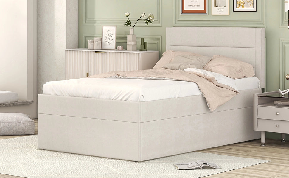 DESMIU Lit simple 90 × 200 cm con contenitore, senza materasso, in lino e MDF, beige