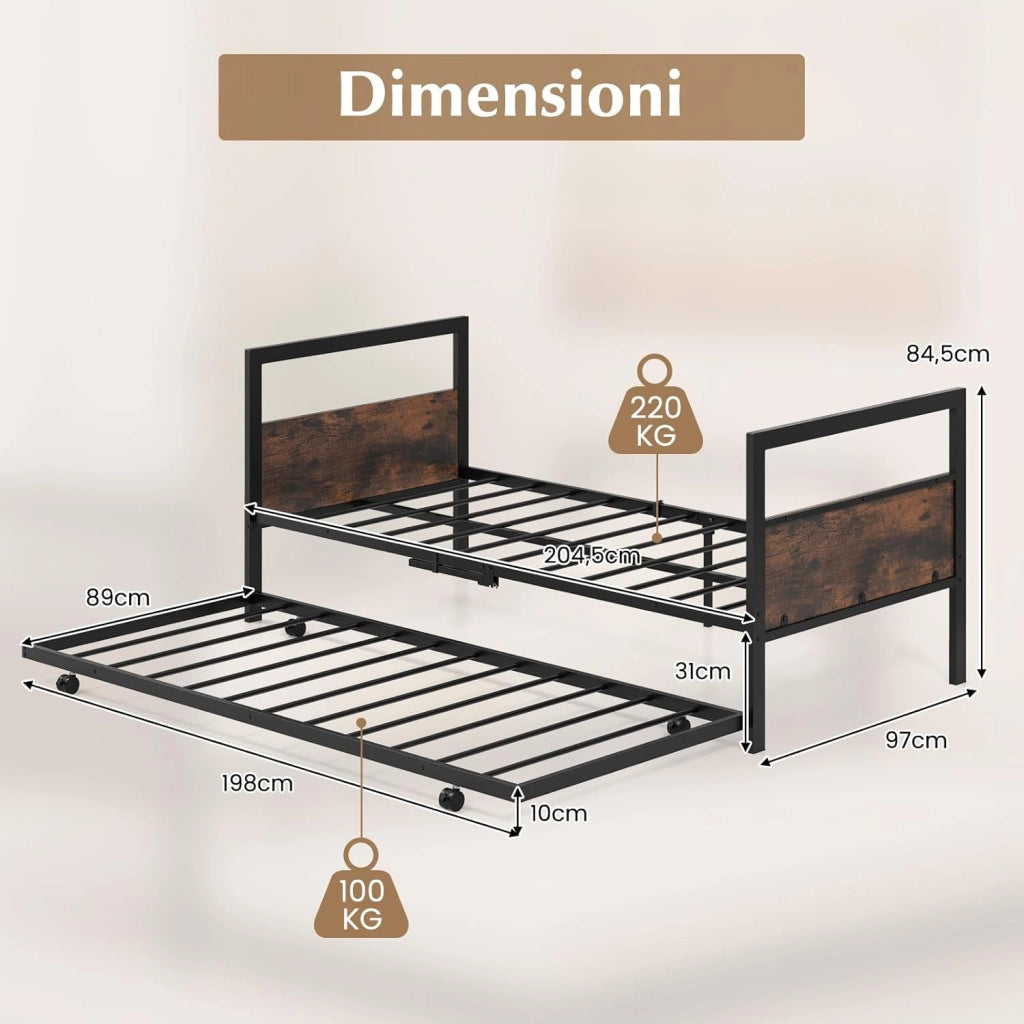 Letto Estraibile, Divano Letto Singolo con Luci LED e Stazione di Ricarica, Lettino Matrimoniale con Struttura in Metallo, 2 Pz 90x200 cm, per Soggiorno e Camera da Letto (Stile 2 Marrone)