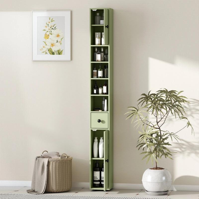 Mobile bagno alto e stretto con cassetto e 4 ripiani aperti, 180 x 20 x 20 cm, verde