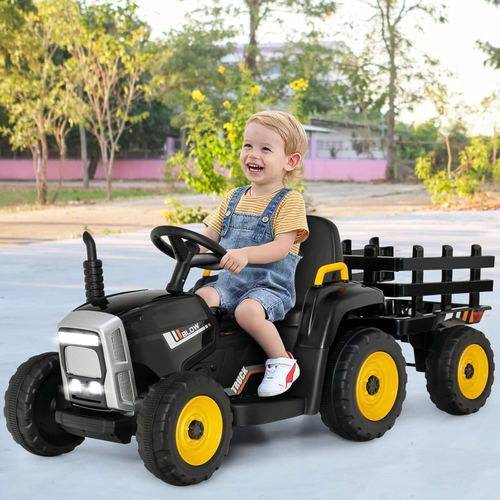 Trattore con Rimorchio Cavalcabile per Bambini 12V, Trattore Elettrico Telecomandato, con Luci e Suoni, 30kg, 3+ Anni (Nero)