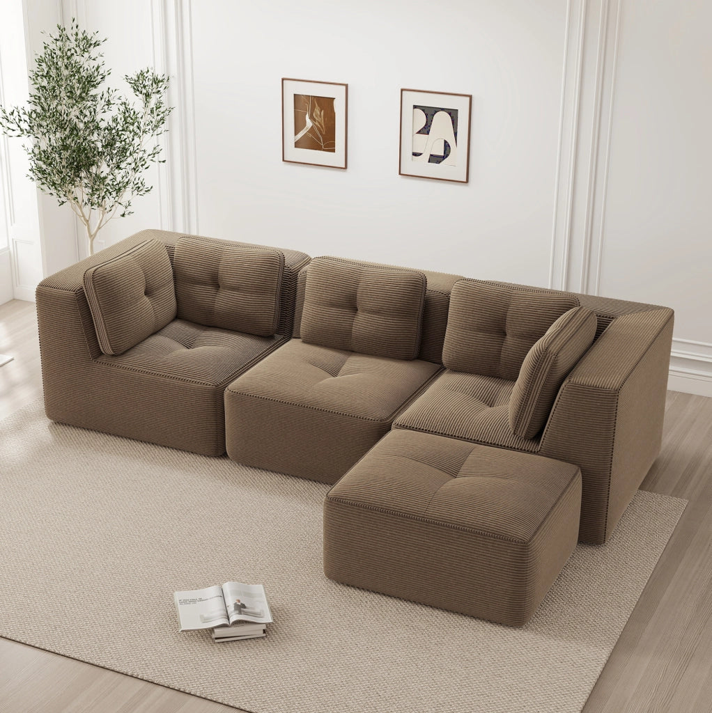 Divano angolare modulare 297x177x69 cm in velluto a coste marrone; senza montaggio