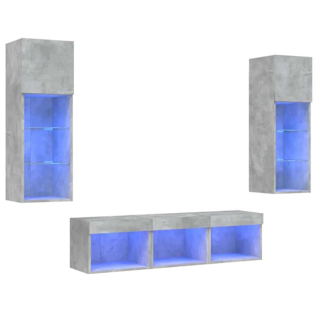 Mobili TV a Muro con LED 5pz Grigio Cemento Legno Multistrato 3216600