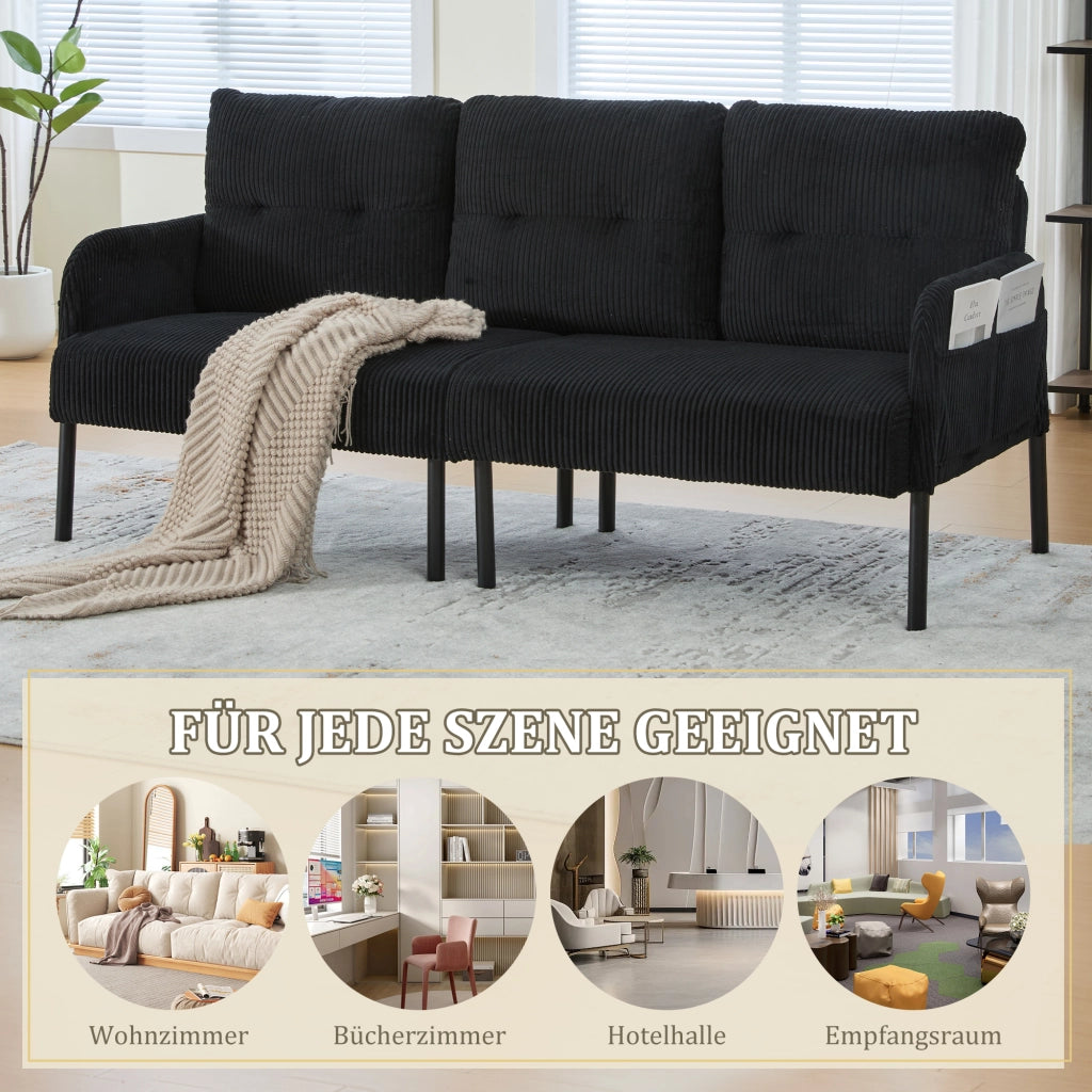 Divano a tre posti in velluto a coste con schienale ergonomico, tasca laterale e struttura in metallo nero 171 × 72 × 80 cm