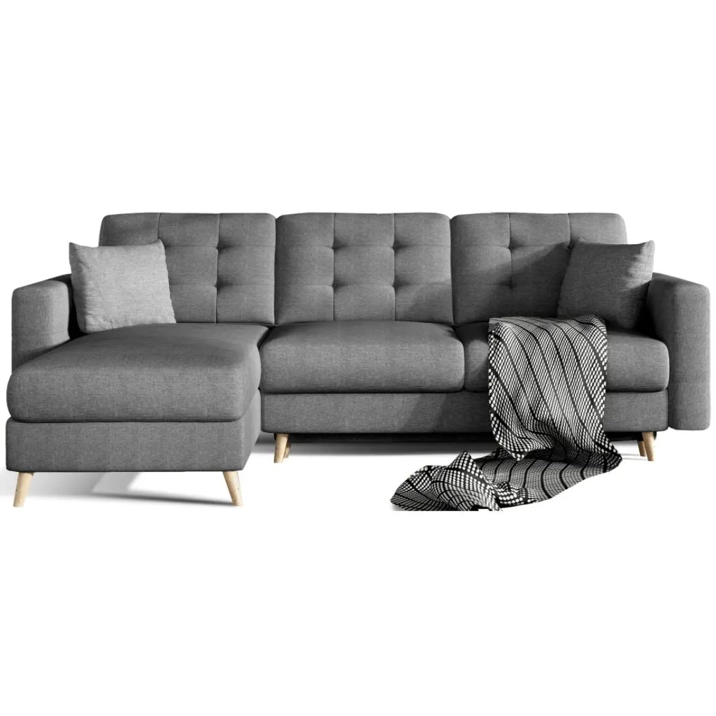 Divano angolare convertibile HASGARD 3 posti grigio scuro 248x162 cm - con contenitore e piedi in legno