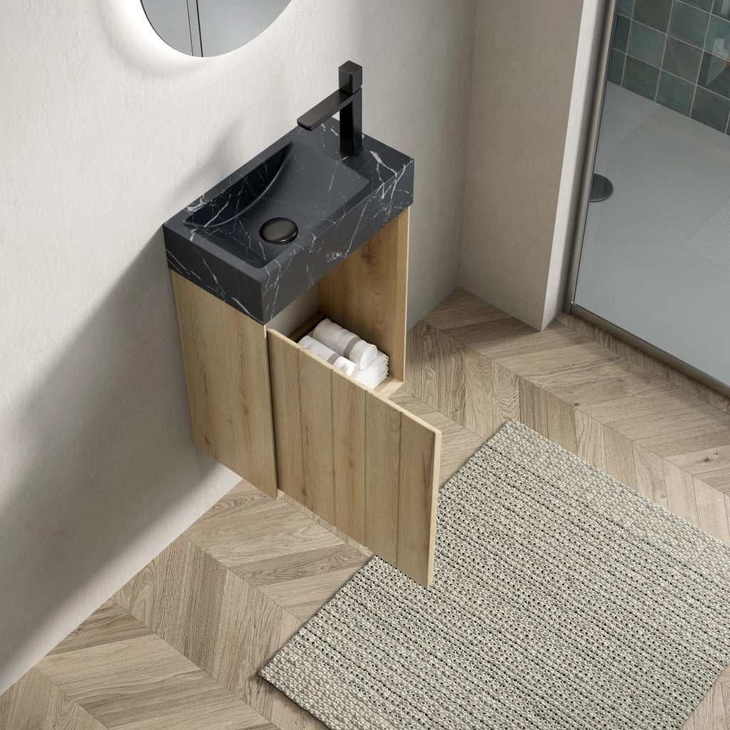 LAVABO bagno integrato in marmo nero e rovere bianco, compatto