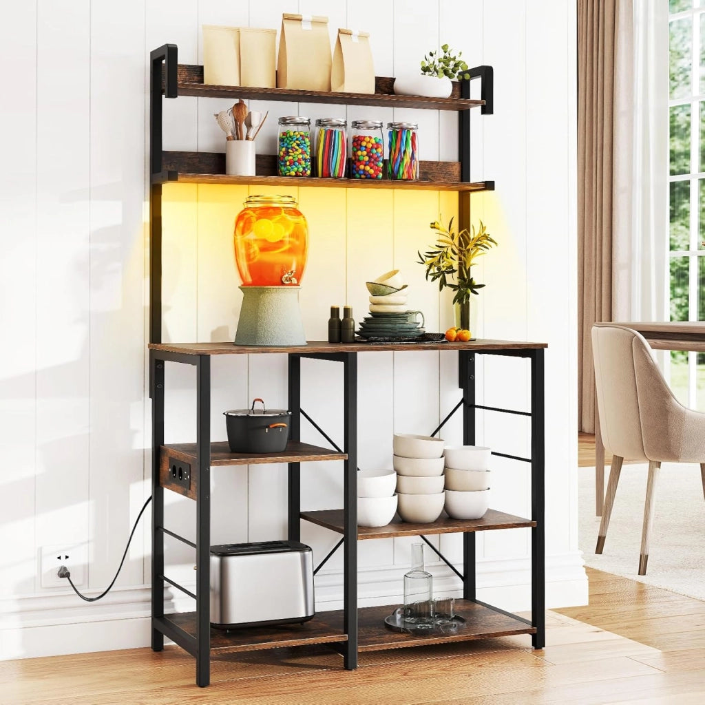 Scaffale da Cucina con Stazione di Ricarica, Luci, Supporto per Microonde a 6 Livelli per Spezie, Utensili, Piante, Mobile di Stoccaggio Industriale per Cucina, Marrone Rustico