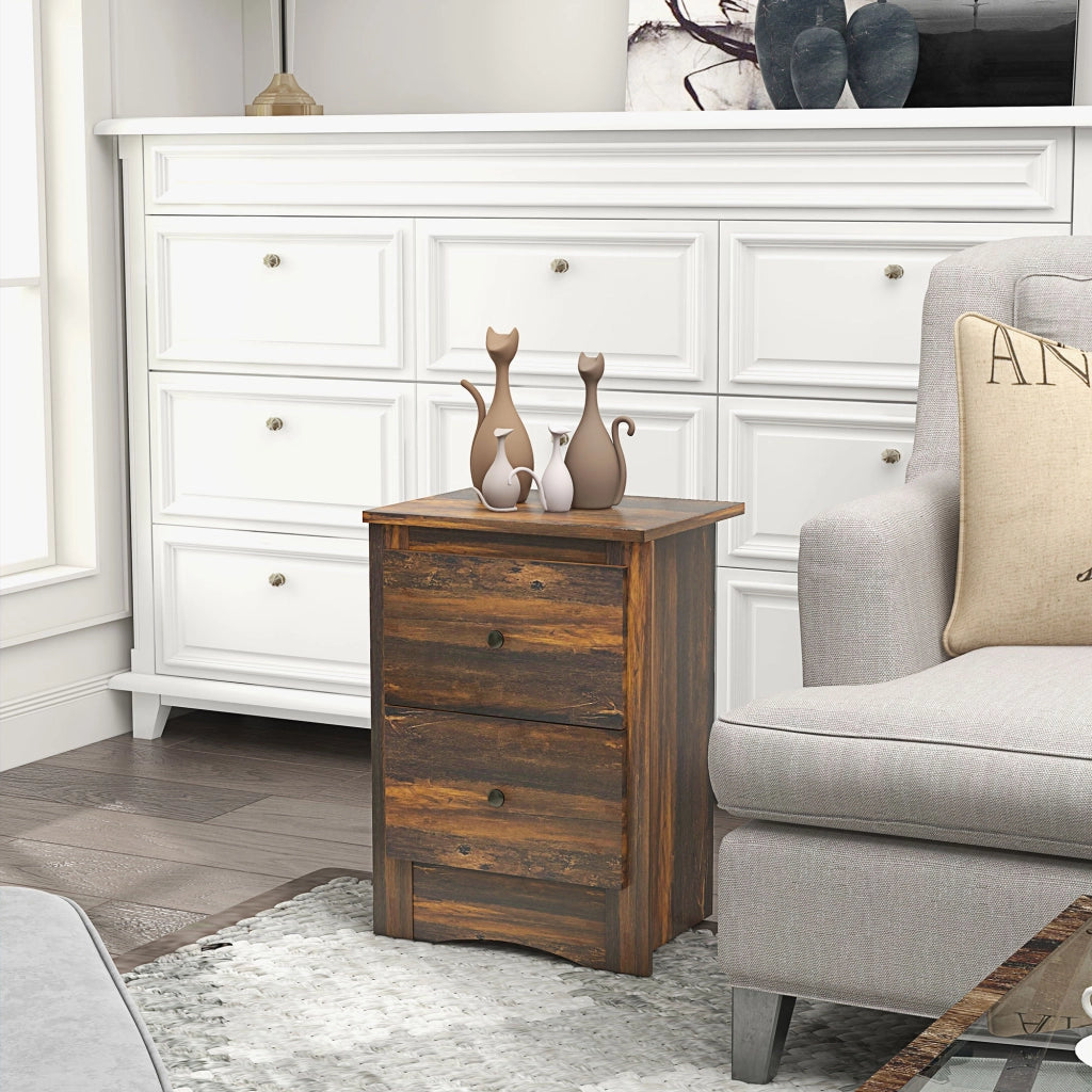 Comodino con 2 Cassetti in stile Rustico, Comodino per Camera da Letto in Legno, 40x30x56 cm, Marrone