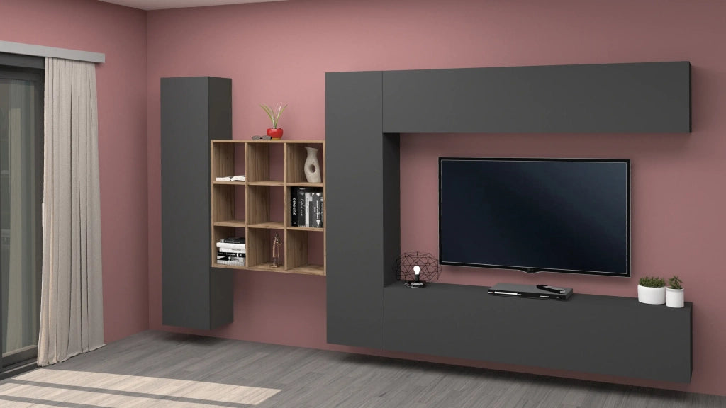 Parete TV attrezzata antracite sospesa design moderno pensile 2 armadi libreria Ferd RT